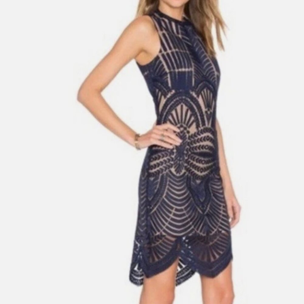 Bardot Divinity Illusion Sleeveless Lace Overlay Sheath Dress Navy Blue